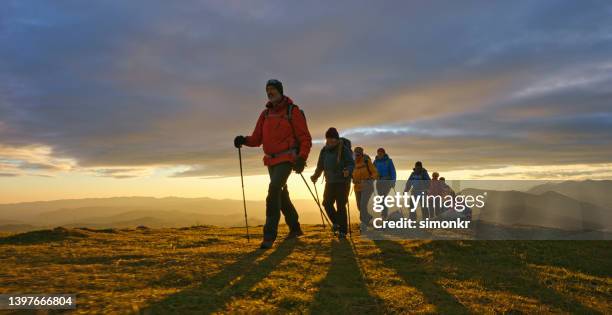 freunde wandern auf dem gipfel des berges - discovery bags walking stock-fotos und bilder