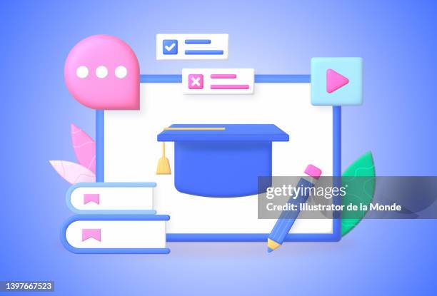 online education 3d illustration - reading document stock illustrations