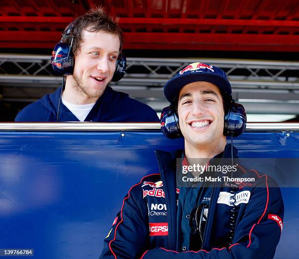 Daniel Ricciardo of Australia and Scuderia Toro Rosso with Australian basketball player Joe Ingles during day four of Formula One winter testing at...