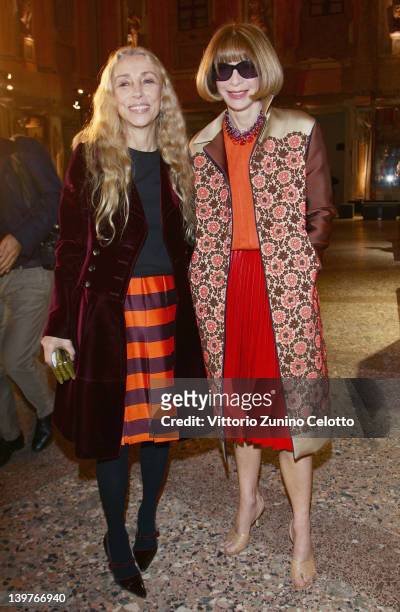 Franca Sozzani and Anna Wintour attend the "Miuccia Prada And Elsa Schiapparelli: Impossible Conversations" opening exhibition during Milan...