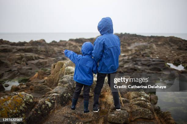 boys in blue raincoats, back view, looking away, standing on rocks - regnkläder bildbanksfoton och bilder