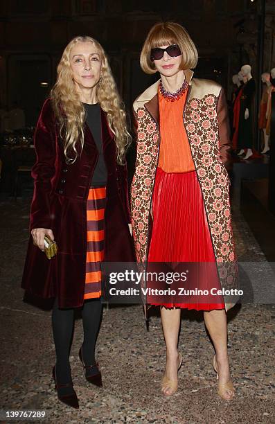 Franca Sozzani and Anna Wintour attend the "Miuccia Prada And Elsa Schiapparelli: Impossible Conversations" opening exhibition during Milan...