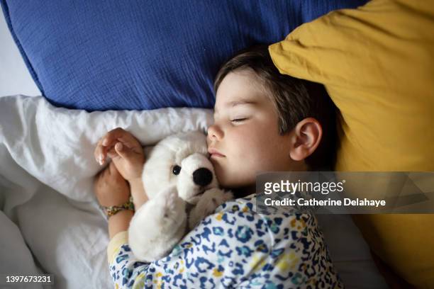 a 4 year old little boy sleeping with his cuddly toy in his bed, at home - kids sleep in bed stock-fotos und bilder