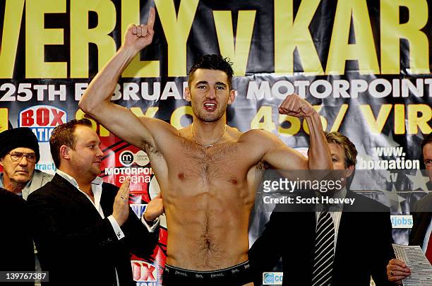Nathan Cleverly during his Weigh-In prior to the WBO Light Heaveyweight Title bout against Tommy Karpency on February 24, 2012 in Cardiff, Wales.