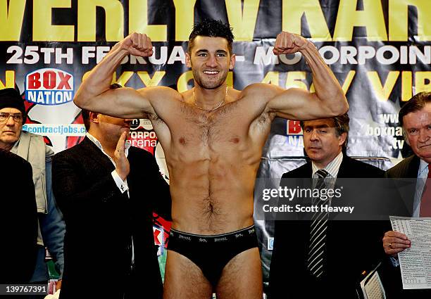 Nathan Cleverly during his Weigh-In prior to the WBO Light Heaveyweight Title bout against Tommy Karpency on February 24, 2012 in Cardiff, Wales.