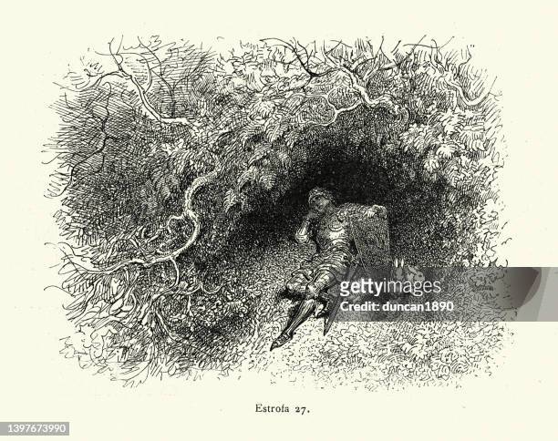 knight sitting under a hedge surround by rabbits, medieval fantasy - rabbit burrow stock illustrations