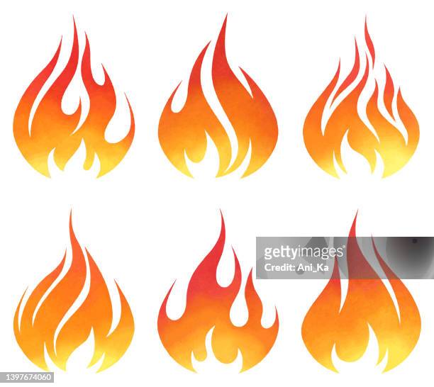 ilustraciones, imágenes clip art, dibujos animados e iconos de stock de iconos de llamas de acuarela - fuego al aire libre