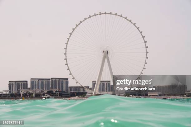 view of ain dubai ferris wheel and city skyline from jumeirah beach, dubai, uae - dubai jumeirah beach stock-fotos und bilder