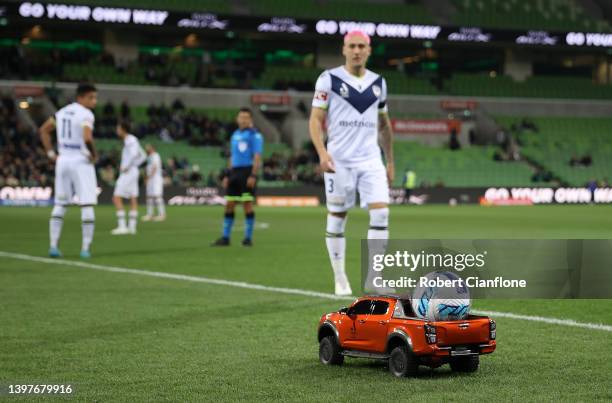 The match ball is delivered during the A-League Mens Semi Final match between Western United and Melbourne Victory at AAMI Park, on May 17 in...