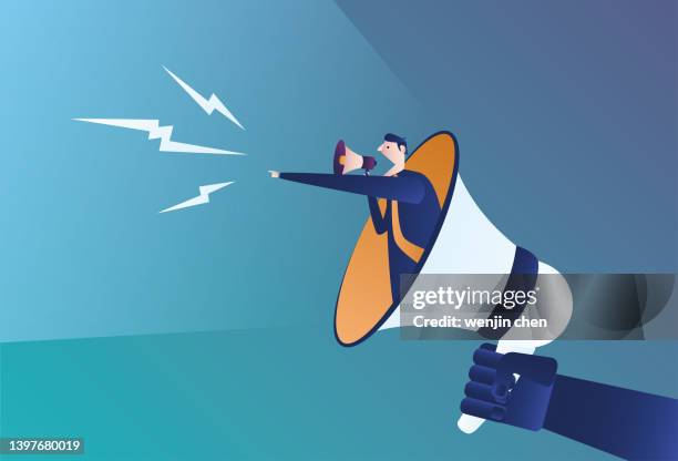 business man shouting lightning bolt in megaphone. - furious stock illustrations stock illustrations