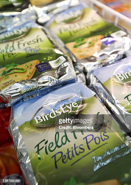 Packets of Birds Eye petits pois peas, produced by Birds Eye Iglo, are seen on a supermarket shelf in London, U.K., on Friday, Feb. 24, 2012. The...