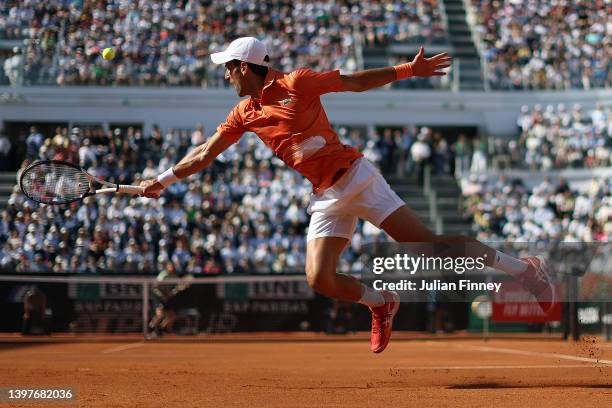 Novak Djokovic of Serbia in action against Stefanos Tsitsipas of Greece in the final on day eight of Internazionali BNL D'Italia at Foro Italico on...