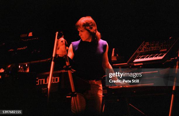 Keyboard player Mark Kelly of English progressive rock band Marillion performs on stage at Hammersmith Odeon on April 17th, 1983 in London, England.