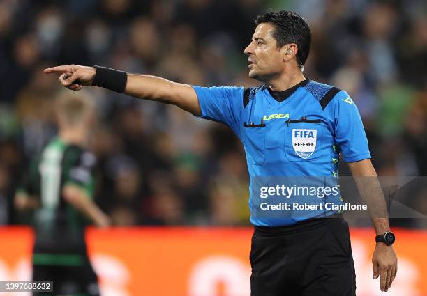 Referee Alireza Faghani gestures during the A-League Mens Semi Final match between Western United and Melbourne Victory at AAMI Park, on May 17 in...