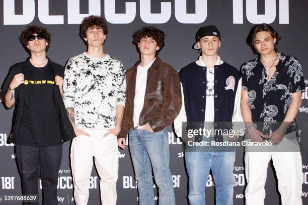 Lele Giaccari, Diego Lazzari, Chicco Bertozzi, Davide Valvalà and Enea Barozzi attend the "Blocco 181" Premiere at Cinema Colosseo on May 16, 2022 in...