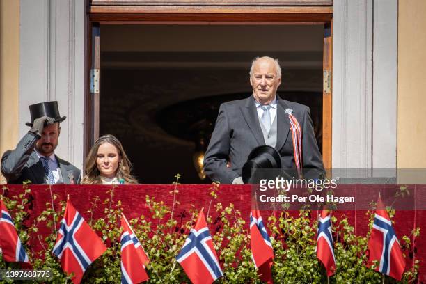 Crown Prince Haakon of Norway, Princess Ingrid Alexandra of Norway and King Harald of Norway attend the children's parade at Skaugum, Asker on...
