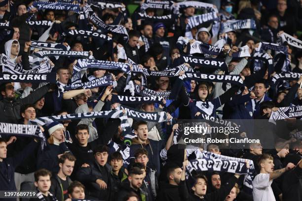 Fans cheer during the A-League Mens Semi Final match between Western United and Melbourne Victory at AAMI Park, on May 17 in Melbourne, Australia.