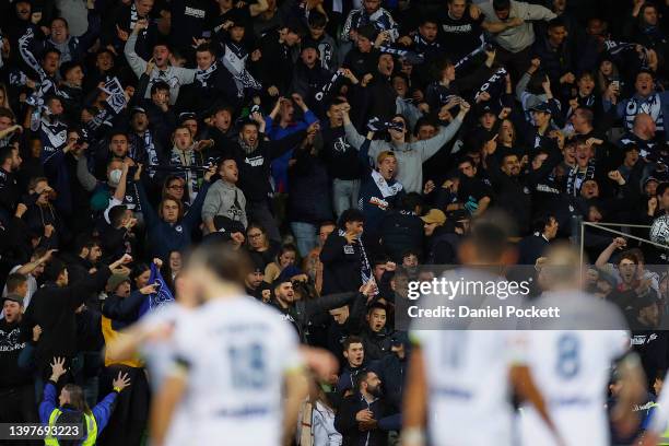 Victory fans celebrate a goal to Jake Brimmer of the Victory during the A-League Mens Semi Final match between Western United and Melbourne Victory...