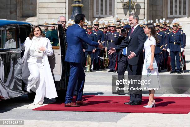 King Felipe VI of Spain and Queen Letizia of Spain receive Emir of the State of Qatar, Sheikh Tamim bin Hamad Al Thani and Her Excellency Sheikha...
