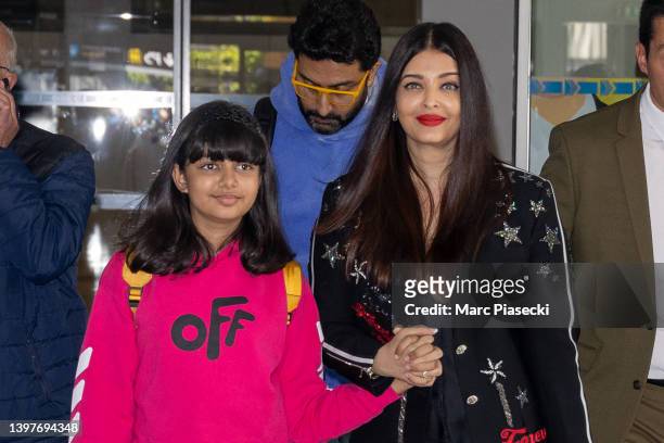 Actress Aishwarya Rai and daughter Aaradhya Bachchan are seen arriving ahead of the 75th annual Cannes film festival at Nice Airport on May 17, 2022...