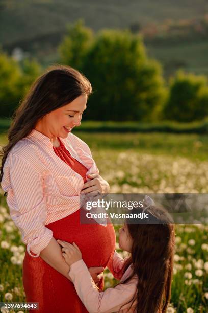 little girl kissing baby in her mother's stomach - little kids belly imagens e fotografias de stock