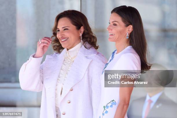 Queen Letizia of Spain receives Her Excellency Sheikha Jawaher bint Hamad bin Suhaim Al-Thani at the Royal Palace on May 17, 2022 in Madrid, Spain.