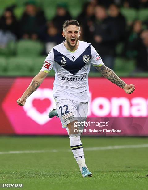 Jacob Brimmer of the Victory celebrates after scoring a goal during the A-League Mens Semi Final match between Western United and Melbourne Victory...