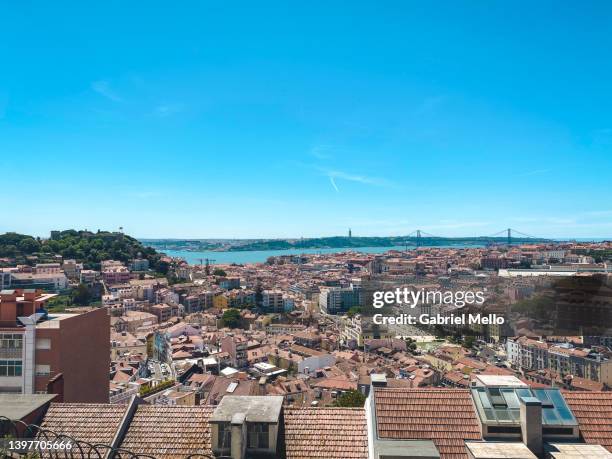 views over lisbon from nossa senhora do monte lookout - baixa stock-fotos und bilder