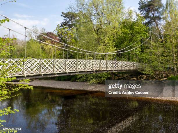 a suspension bridge, across the river wharfe in ilkely, yorkshire, uk. - river wharfe stock pictures, royalty-free photos & images