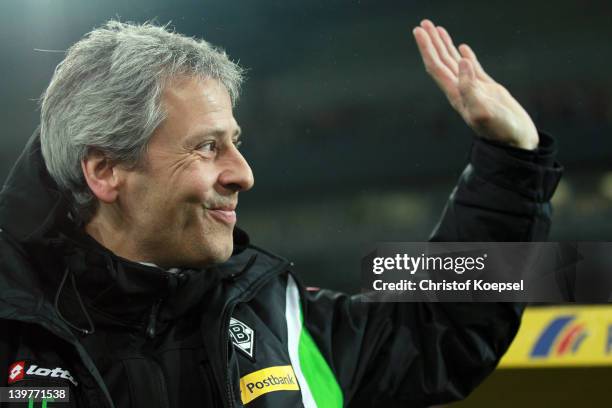 Head coach Lucien Favre of Moenchengladbach looks on prior to the Bundesliga match between Borussia Moenchengladbach and Hamburger SV at Borussia...