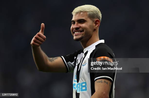 Newcastle player Bruno Guimaraes is seen on the pitch after the Premier League match between Newcastle United and Arsenal at St. James Park on May...