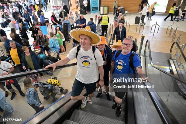 Rangers fans are seen at Glasgow airport as they continue to depart Scotland ahead of the Europa League final on May 17, 2022 in Glasgow, Scotland....