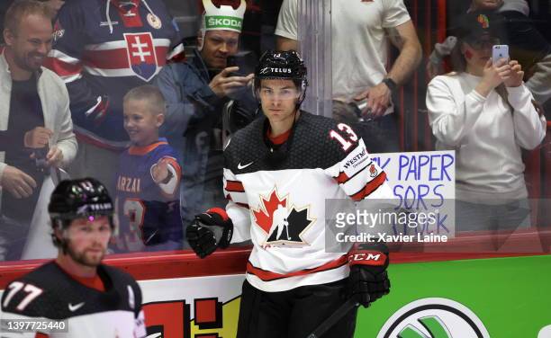 Matt barzal of Team Canada reacts during the 2022 IIHF Ice Hockey World Championship Group A match between Slovakia and Canada at the Helsinki Ice...