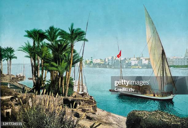 cairo, on the banks of the nile - archival illustration stock illustrations