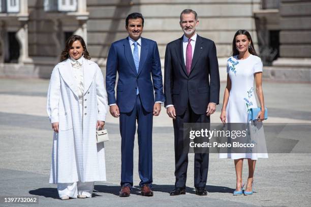 King Felipe VI of Spain and Queen Letizia of Spain receive Emir of the State of Qatar, Sheikh Tamim bin Hamad Al Thani and Her Excellency Sheikha...