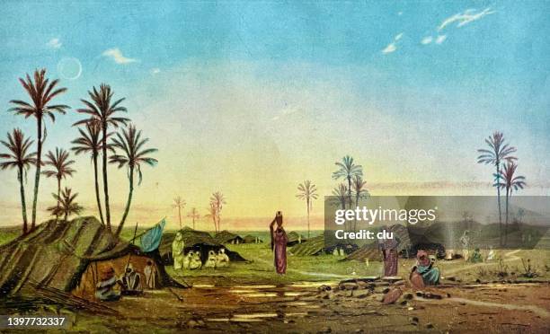 bedouin camp in the desert - archival camping stock illustrations