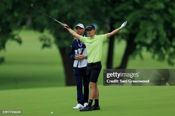 Nicolai Hojgaard of Denmark reacts to slow play during a practice round prior to the start of the 2022 PGA Championship at Southern Hills Country...