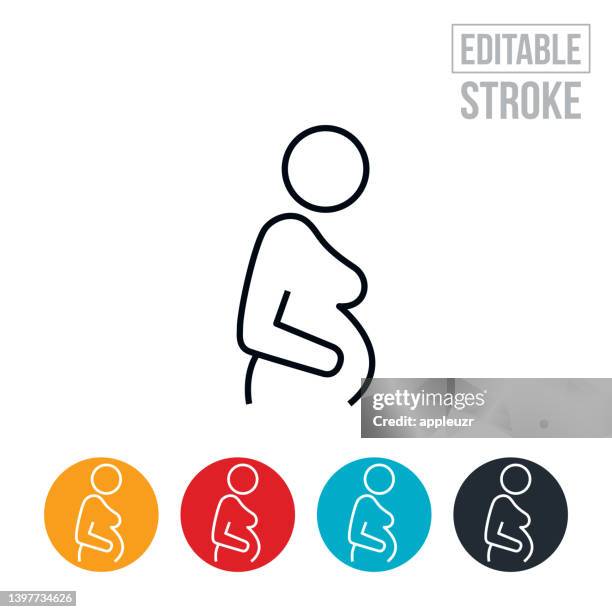 pregnant woman holding stomach thin line icon - editable stroke - 妊娠 幅插畫檔、美工圖案、卡通及圖標