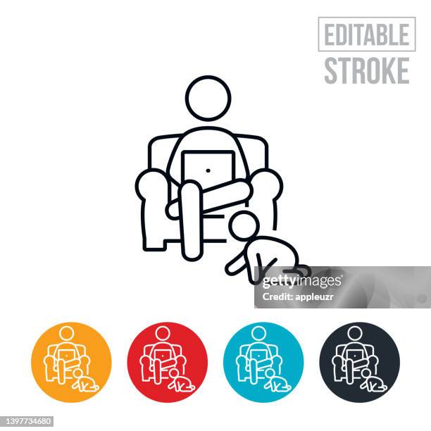 parent working on laptop with baby thin line icon - editable stroke - crawling icon stock illustrations