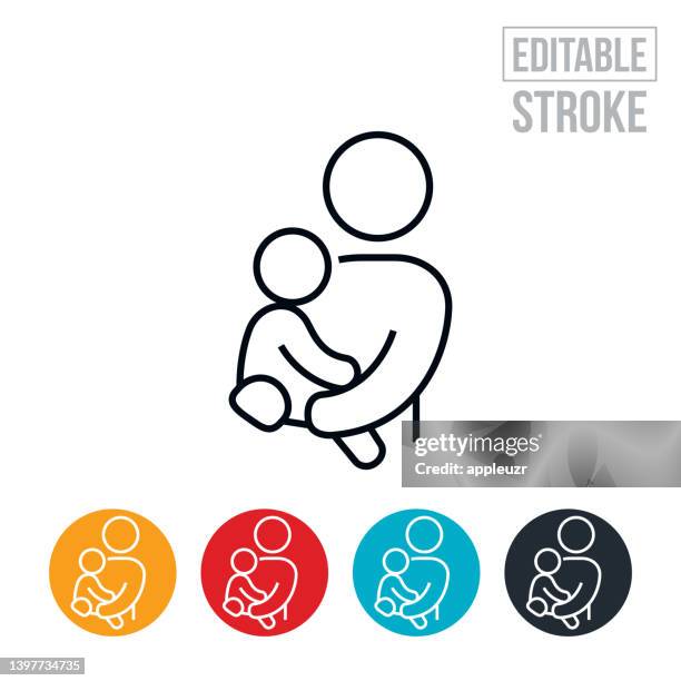 ilustraciones, imágenes clip art, dibujos animados e iconos de stock de madre sosteniendo al niño en el icono de línea delgada de la cadera - trazo editable - madre
