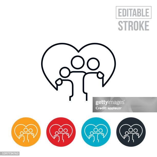 family of three thin line icon - editable stroke - three people stock illustrations