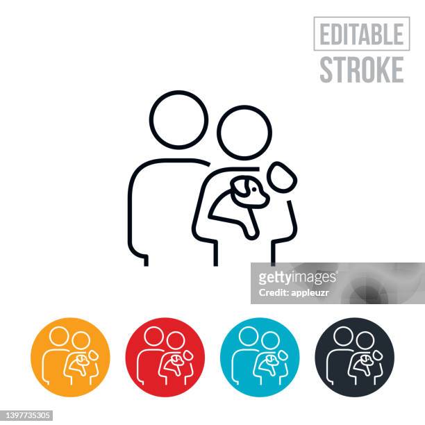 couple with a puppy in arms thin line icon - editable stroke - dog icon stock illustrations