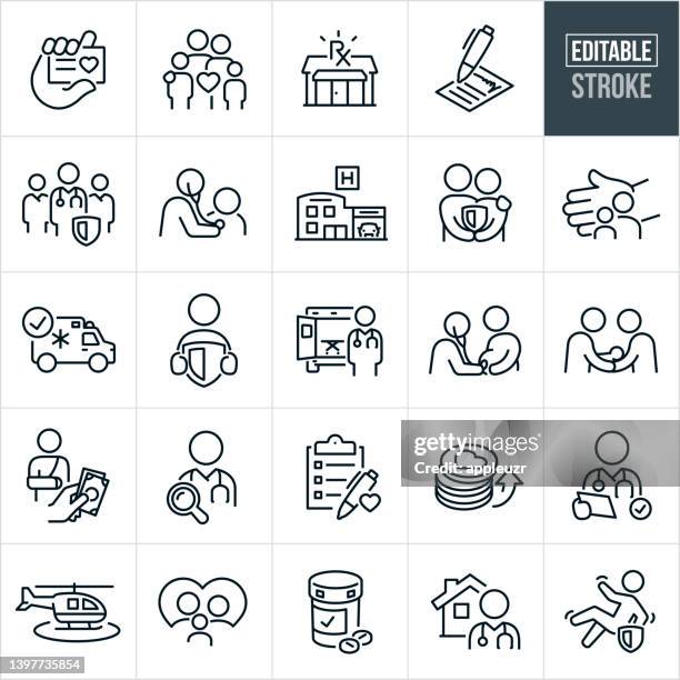 ilustraciones, imágenes clip art, dibujos animados e iconos de stock de iconos de línea fina del seguro de salud - trazo editable - block form