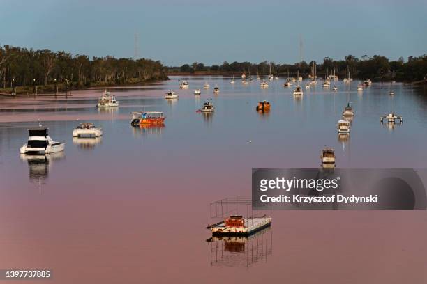 fitzroy river with pink tinted water at sunset, rockhampton, queensland, australia - rockhampton fotografías e imágenes de stock
