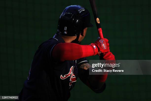 Detailed view of the Franklin batting gloves worn by Orlando Arcia of the Atlanta Braves during a game against the Milwaukee Brewers at American...