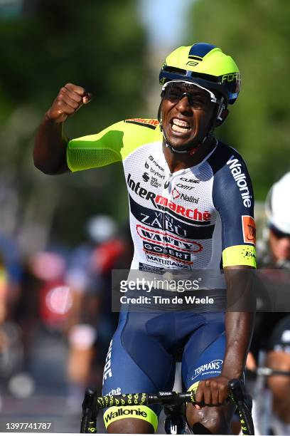 Hailu Biniam Girmay of Eritrea and Team Intermarché - Wanty - Gobert Matériaux celebrates winning during the 105th Giro d'Italia 2022, Stage 10 a...