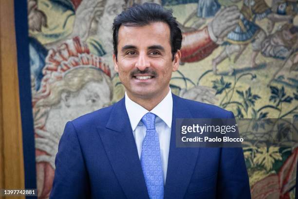 King Felipe VI of Spain receives Emir of the State of Qatar, Sheikh Tamim bin Hamad Al Thani at Zarzuela Palace on May 17, 2022 in Madrid, Spain.