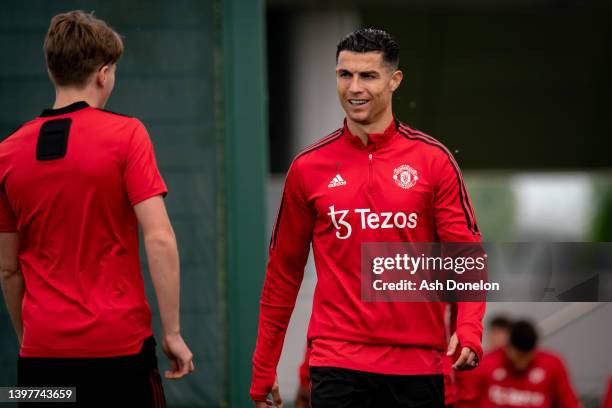 Cristiano Ronaldo of Manchester United in action during a first team training session at Carrington Training Ground on May 17, 2022 in Manchester,...