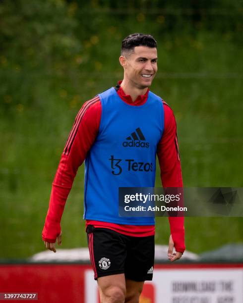 Cristiano Ronaldo of Manchester United in action during a first team training session at Carrington Training Ground on May 17, 2022 in Manchester,...