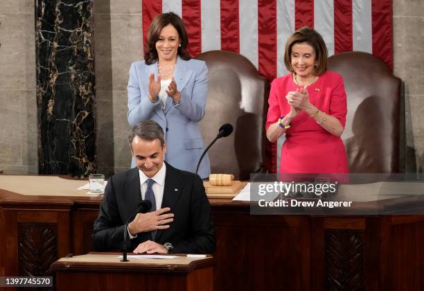 Greek Prime Minister Kyriakos Mitsotakis addresses a joint meeting of Congress as U.S. Vice President Kamala Harris and Speaker of the House Nancy...